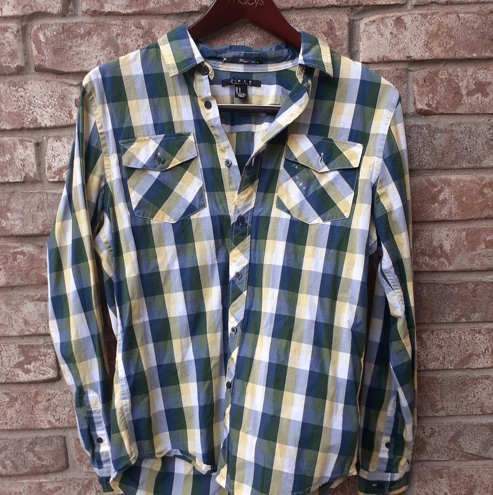 Green and Yellow patterned button down.